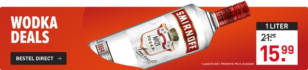 wodka deal: 1 liter smirnoff wodka van &euro;21.29&nbsp;voor&nbsp;&euro;15.99&nbsp;